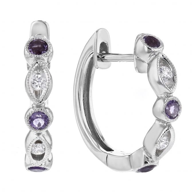 Amethyst & Diamond Bezel Set Hoop Earrings in White Gold