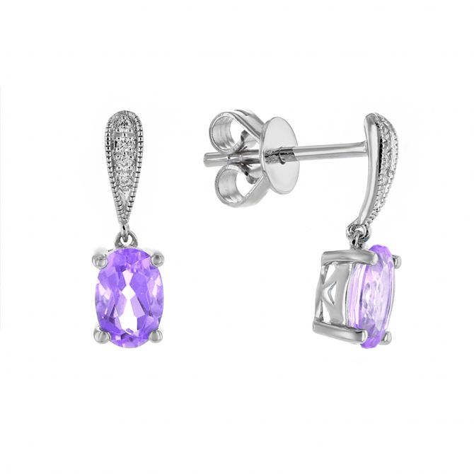 Oval Amethyst & Diamond Drop Earrings