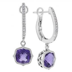 14k White Gold Cushion Amethyst Diamond Milgrain Quatrefoil Dangle 14k White Gold Cushion Amethyst Diamond Milgrain Quatrefoil Dangle Earrings