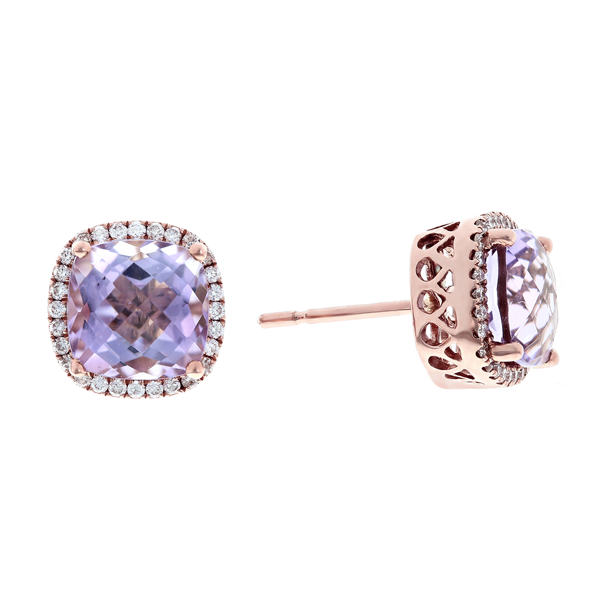 Rose Gold Cushion Amethyst & Diamond Halo Earrings