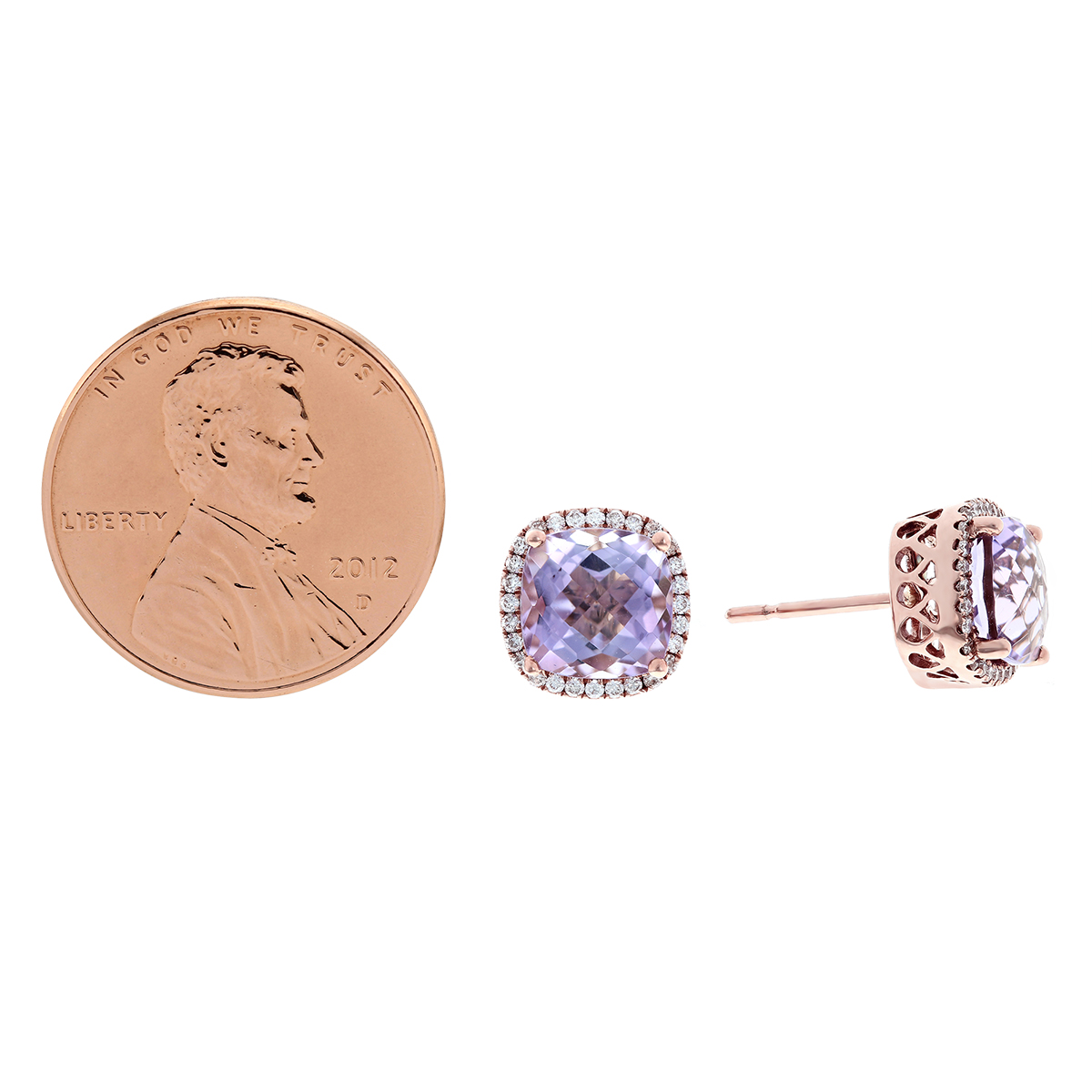 Rose Gold Cushion Amethyst & Diamond Halo Earrings
