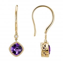 14K Yellow Gold Checkerboard Cushion Amethyst & Diamond Milgrain Drop Earrings 14K Yellow Gold Checkerboard Cushion Amethyst & Diamond Milgrain Drop Earrings