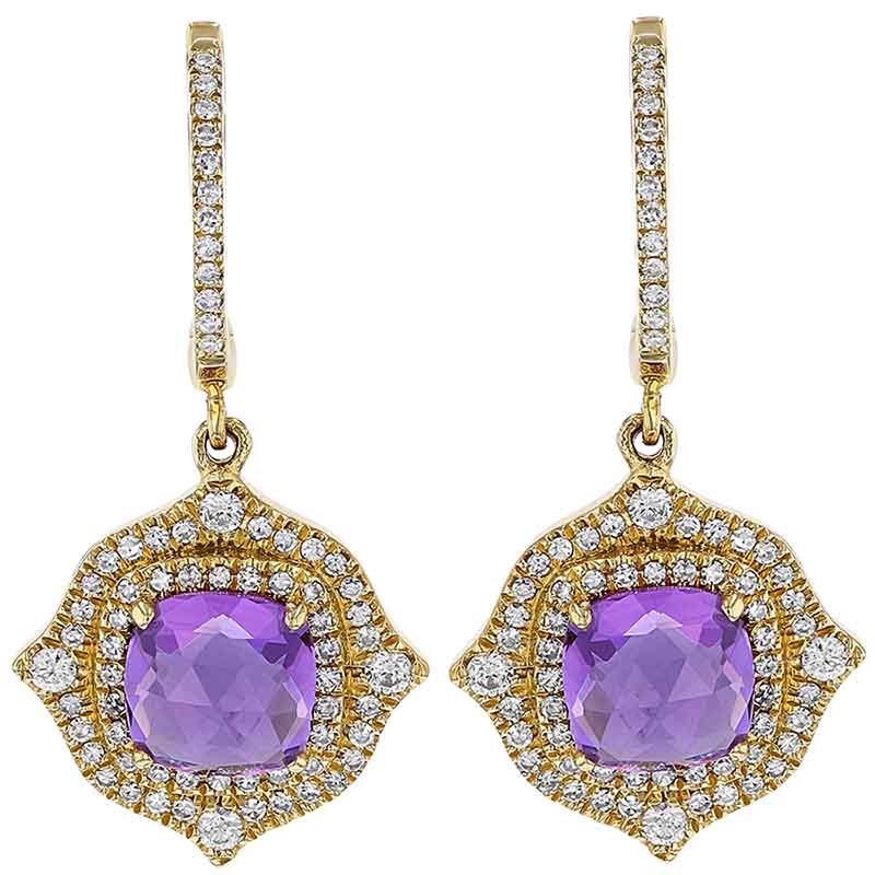 Cushion Amethyst Dangle Huggie Earrings with Diamond Arabesque Double Halo in Yellow Gold