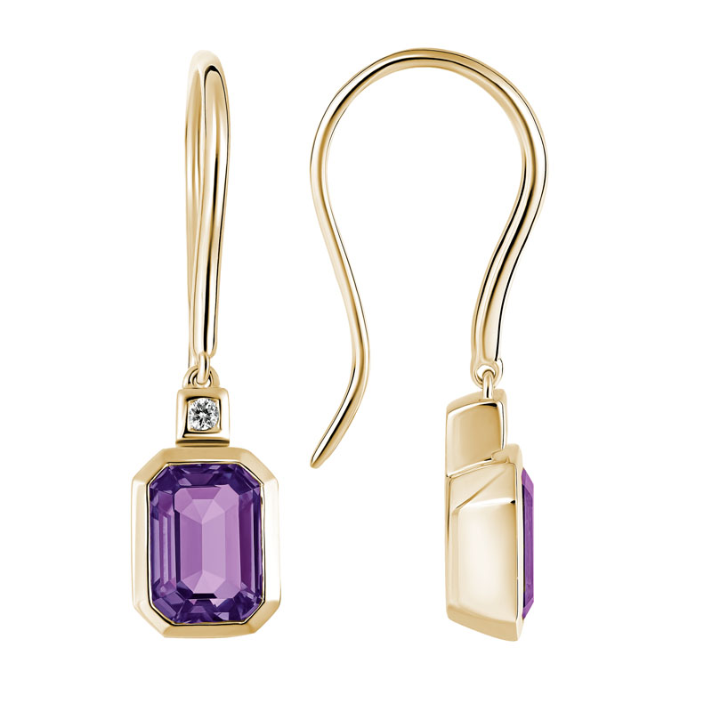 Emerald Cut Amethyst & Diamond Accent Dangle Earrings in Yellow Gold