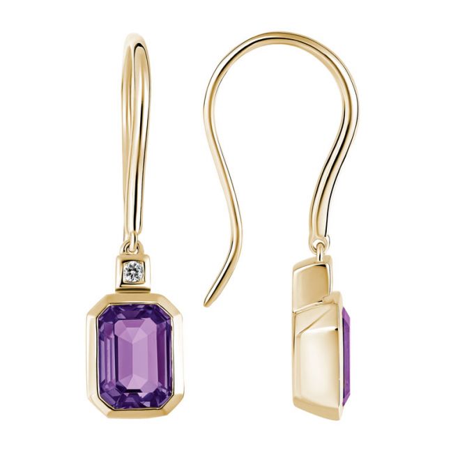 Emerald Cut Amethyst & Diamond Accent Dangle Earrings in Yellow Gold