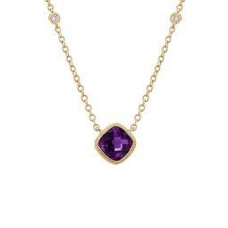 14K Yellow Gold Checkerboard Cushion Amethyst & Diamond Milgrain Necklace, 18" 14K Yellow Gold Checkerboard Cushion Amethyst & Diamond Milgrain Necklace, 18"