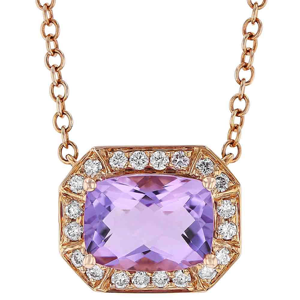 Light Purple Cushion Amethyst Octagon Pendant with Diamond Halo in Rose Gold, 18