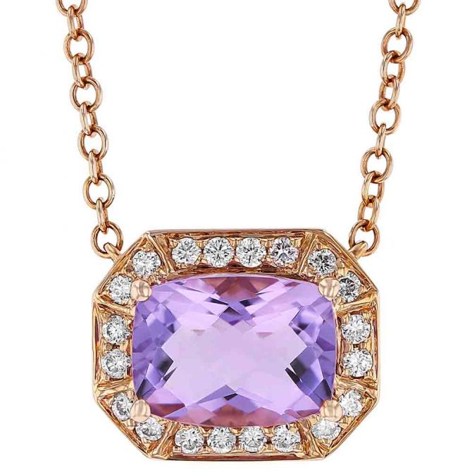 Light Purple Cushion Amethyst Octagon Pendant with Diamond Halo in Rose Gold, 18"