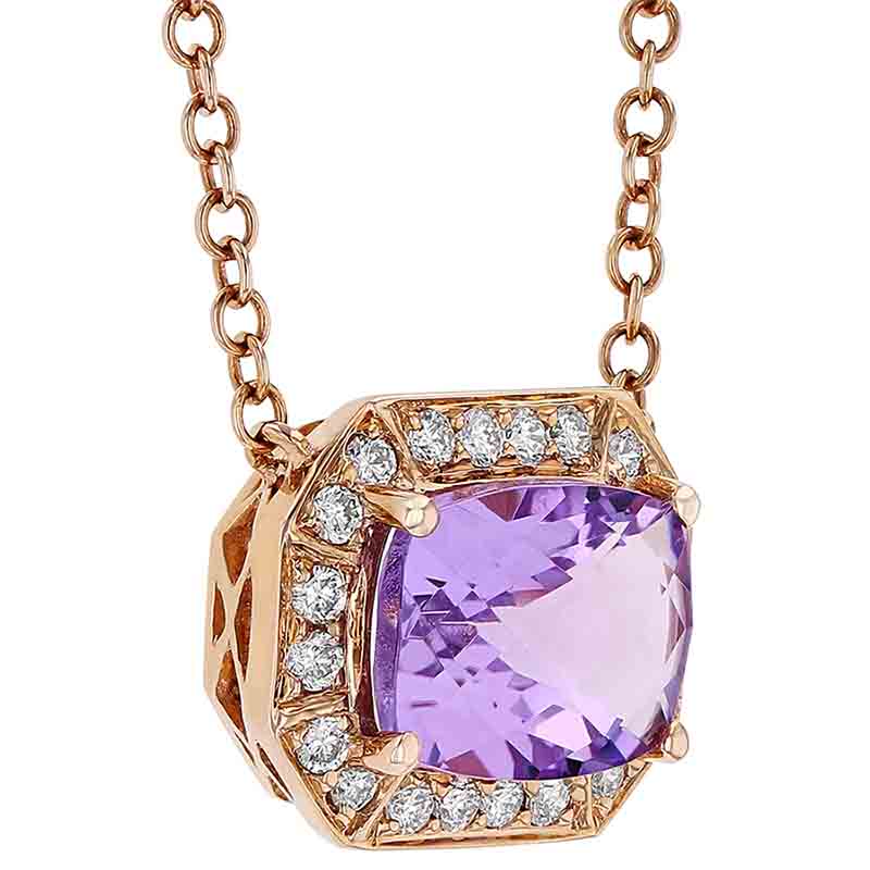 Light Purple Cushion Amethyst Octagon Pendant with Diamond Halo in Rose Gold, 18