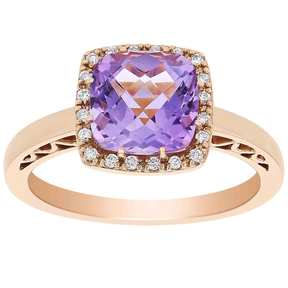 Cushion Checkerboard Amethyst & Diamond Halo Ring in Rose Gold