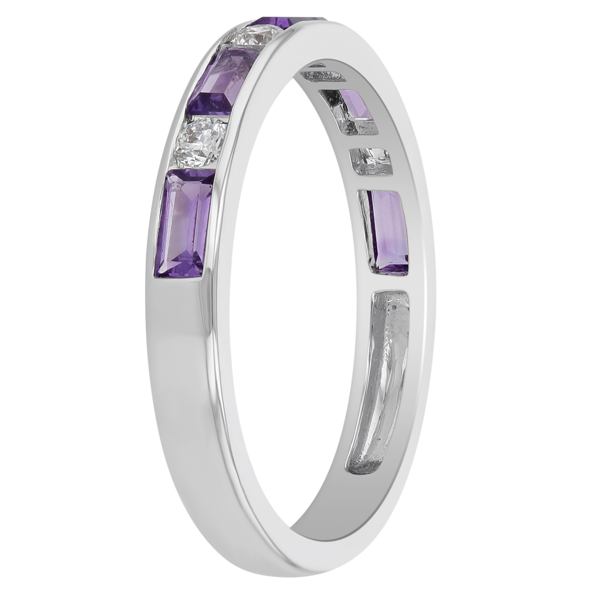 14K White Gold Baguette Amethyst & Round Diamond Alternating Channel Set Ring