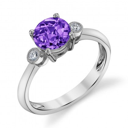Round Amethyst & Diamond 3 Stone Ring in White Gold