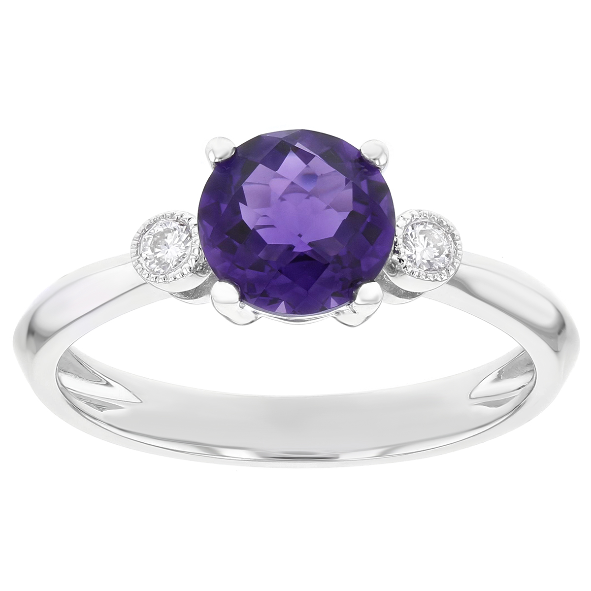 Round Amethyst & Diamond 3 Stone Ring in White Gold
