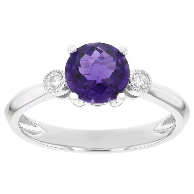 Round Amethyst & Diamond 3 Stone Ring in White Gold