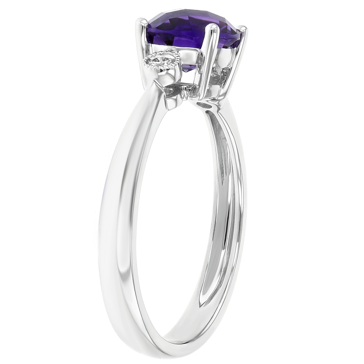 Round Amethyst & Diamond 3 Stone Ring in White Gold