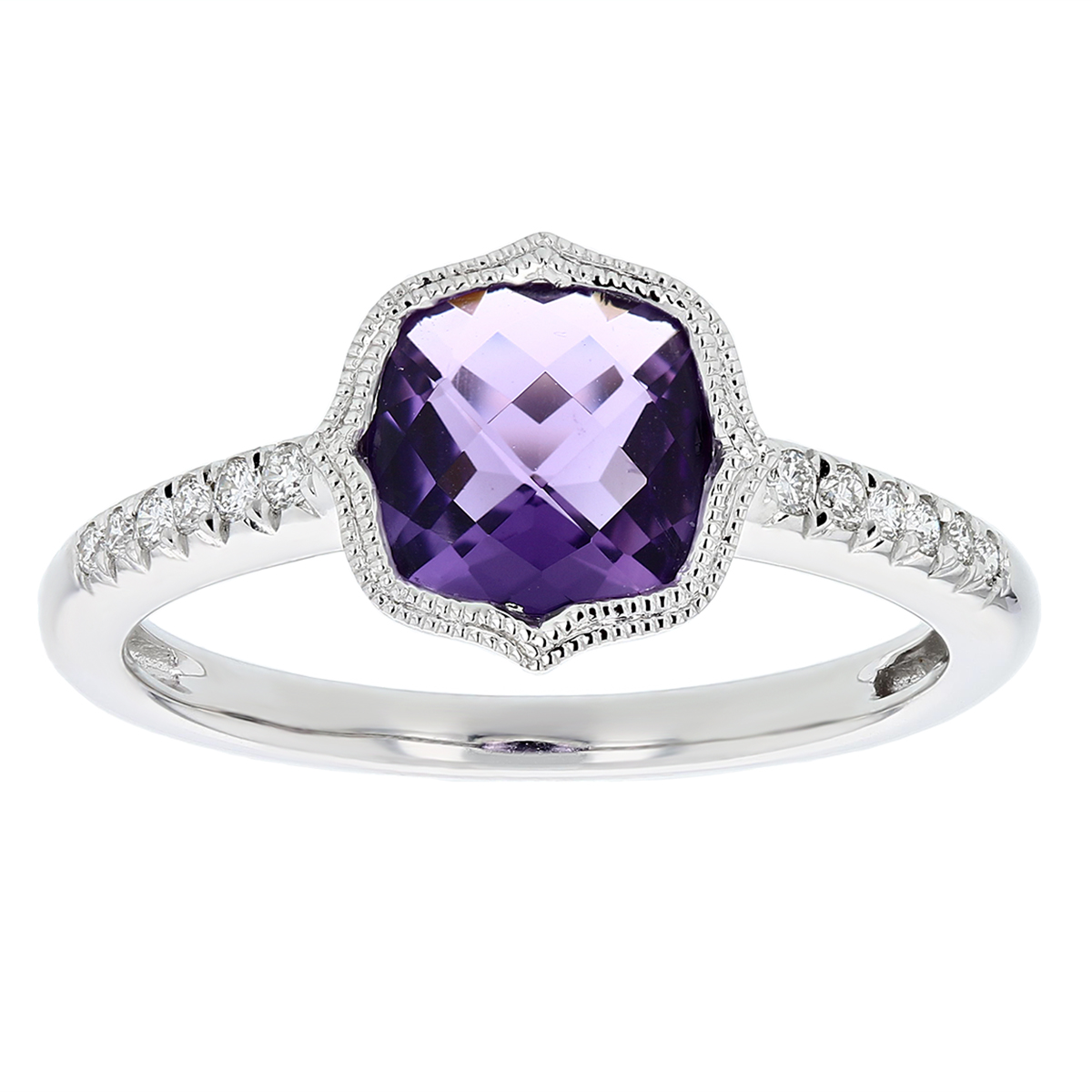 Amethyst & Diamond Ring with Double Milgrain Edge in White Gold