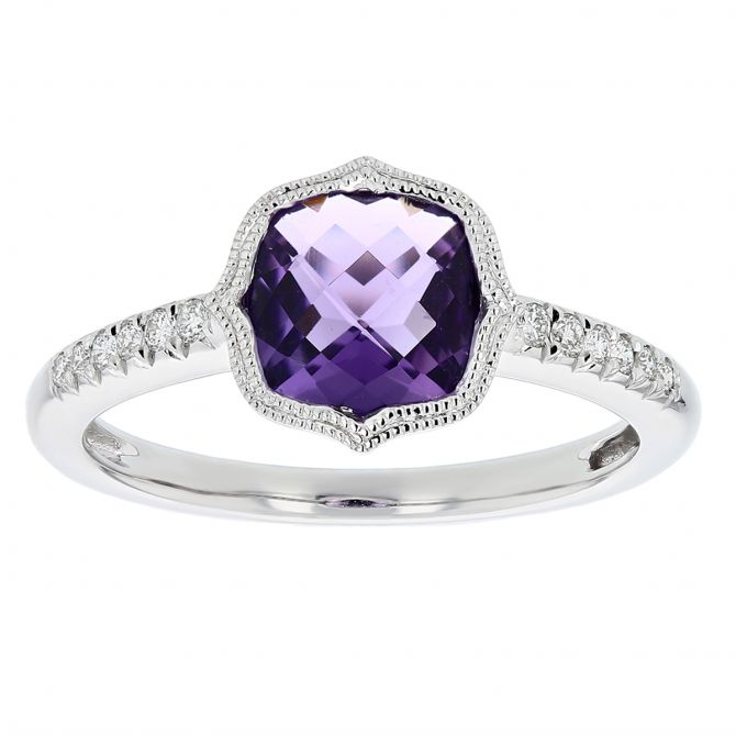 Amethyst & Diamond Ring with Double Milgrain Edge in White Gold