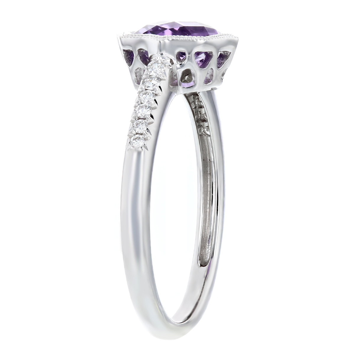 Amethyst & Diamond Ring with Double Milgrain Edge in White Gold