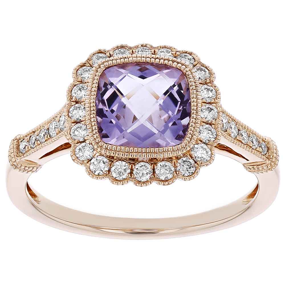 Rose Gold Cushion Amethyst & Diamond Scalloped Halo Ring