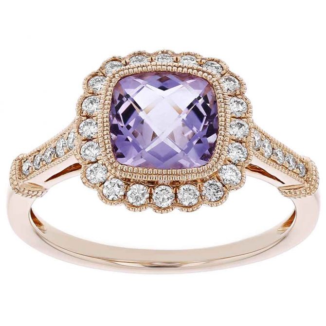 Rose Gold Cushion Amethyst & Diamond Scalloped Halo Ring