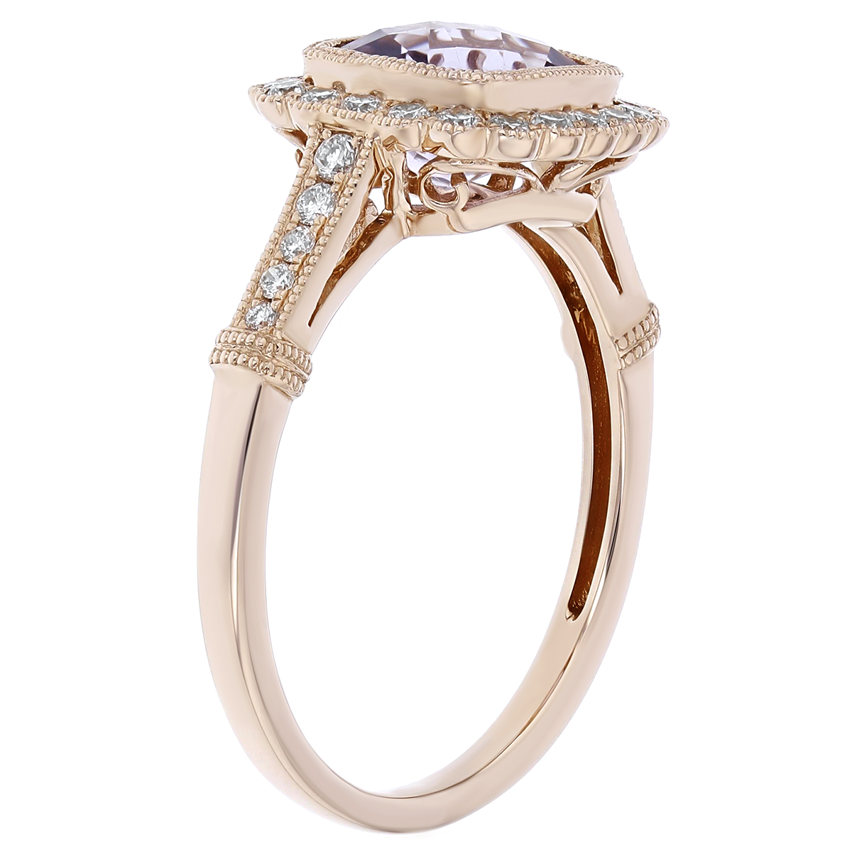 Rose Gold Cushion Amethyst & Diamond Scalloped Halo Ring