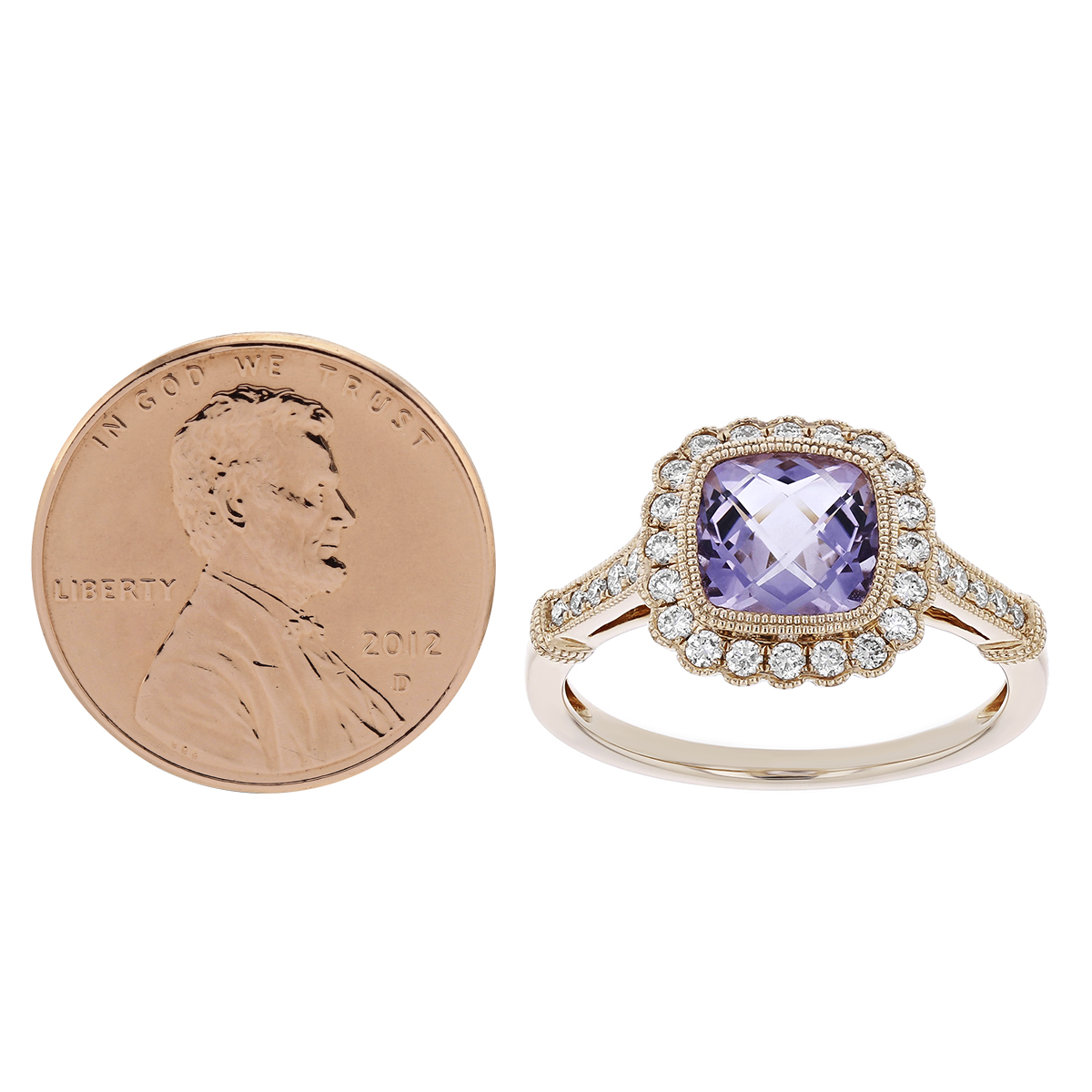 Rose Gold Cushion Amethyst & Diamond Scalloped Halo Ring