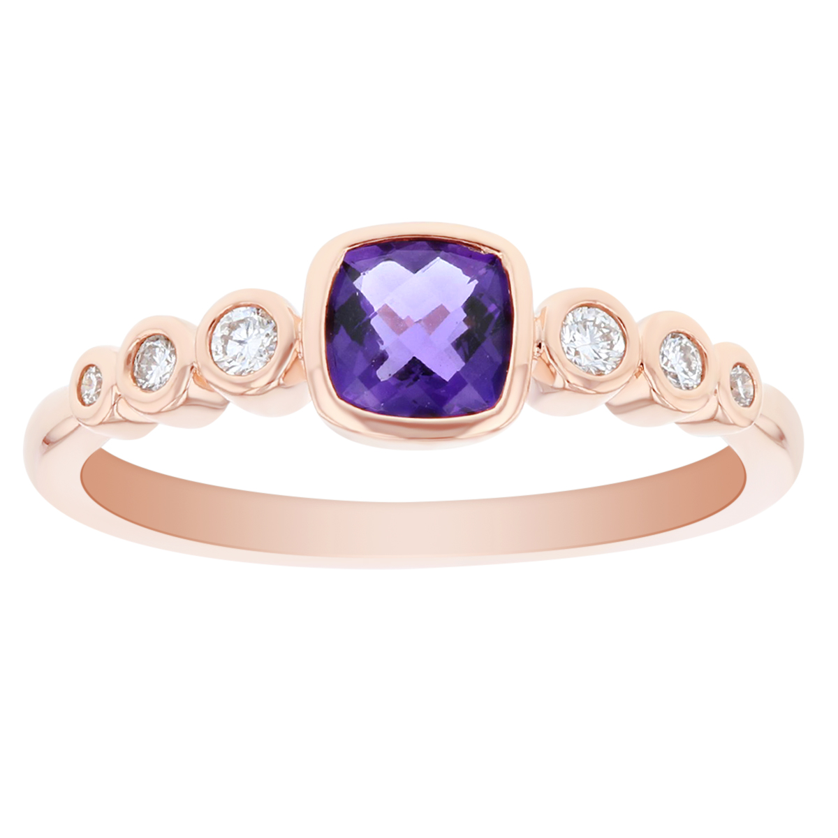 14K Rose Gold Cushion Amethyst and Graduated Round Diamond Bezel Set Ring