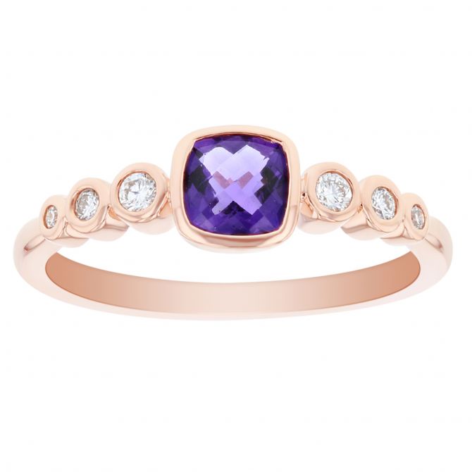 14K Rose Gold Cushion Amethyst and Graduated Round Diamond Bezel Set Ring