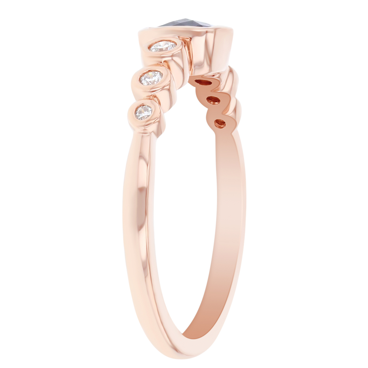 14K Rose Gold Cushion Amethyst and Graduated Round Diamond Bezel Set Ring