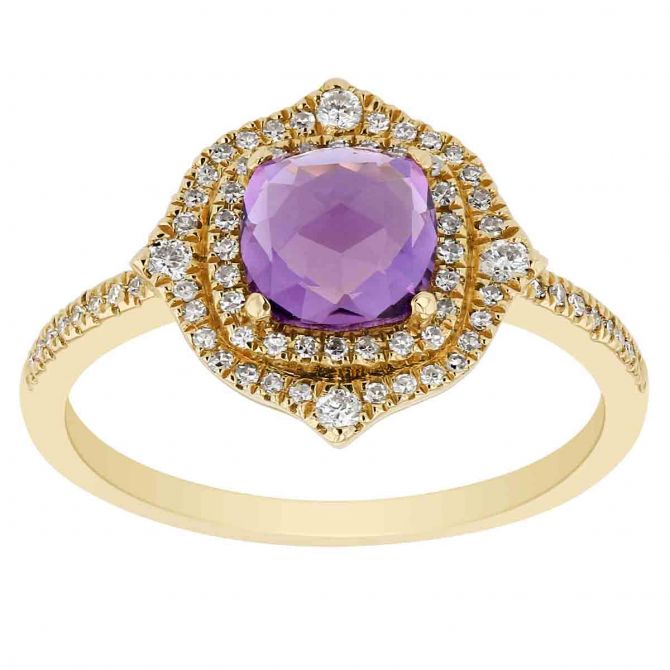 Cushion Amethyst Ring with Diamond Double Pointed Halo Ring in Yellow Gold