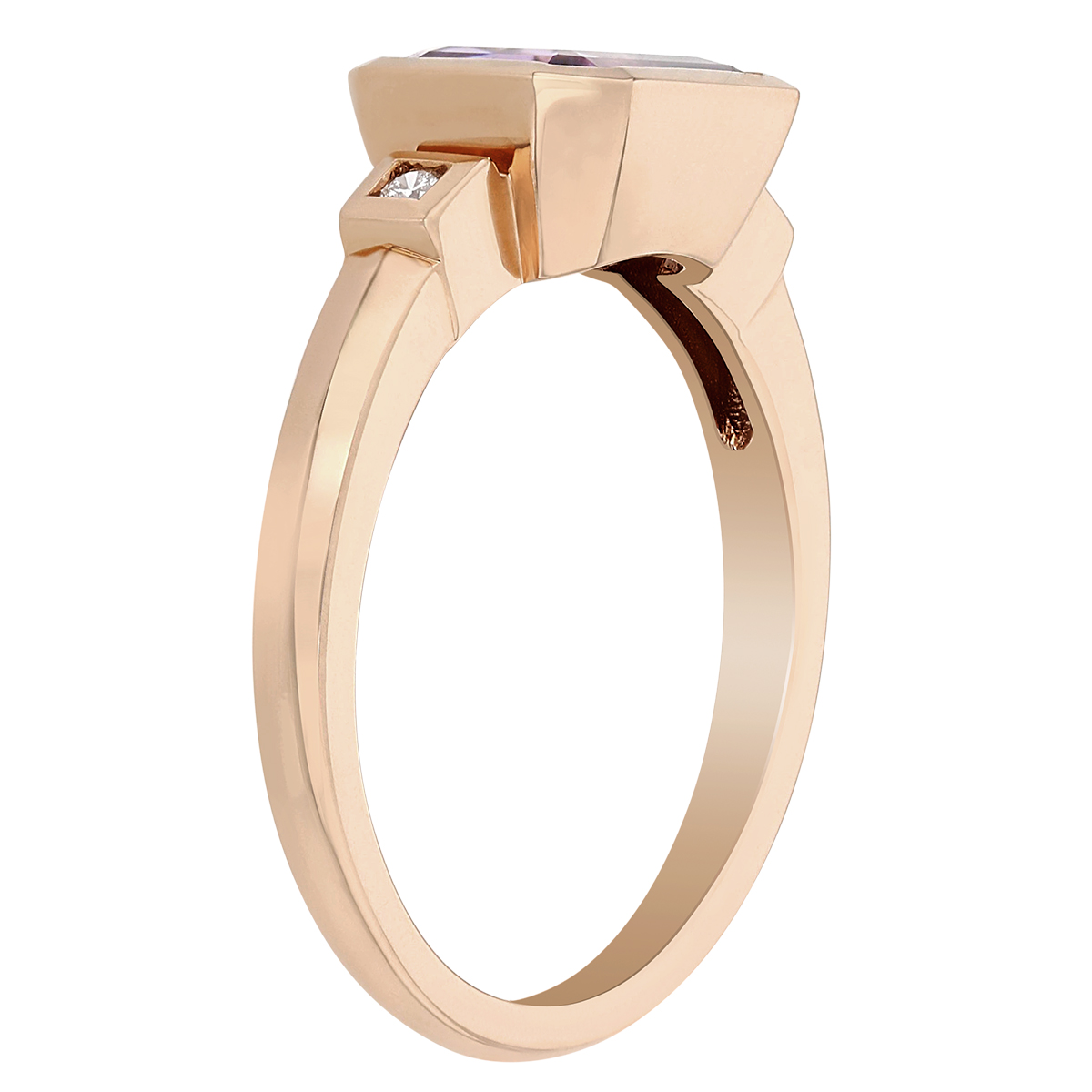 Emerald Cut Pink Amethyst Ring with Diamond Accent Stones in Rose Gold