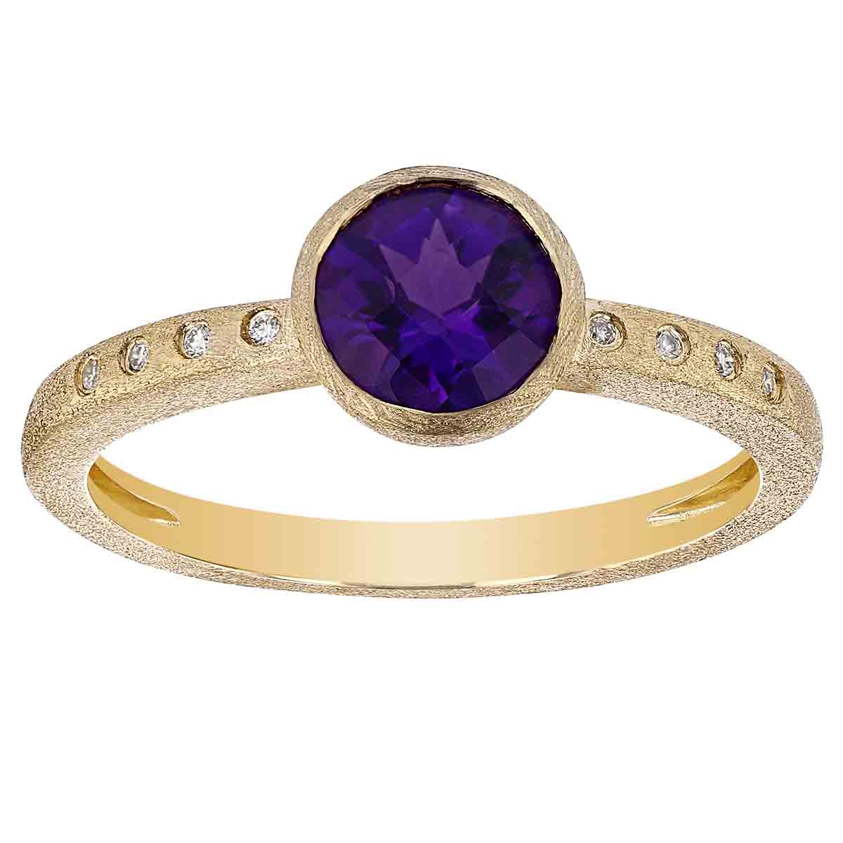 Round Amethyst Bezel Set Ring in Yellow Gold with Diamond Sides
