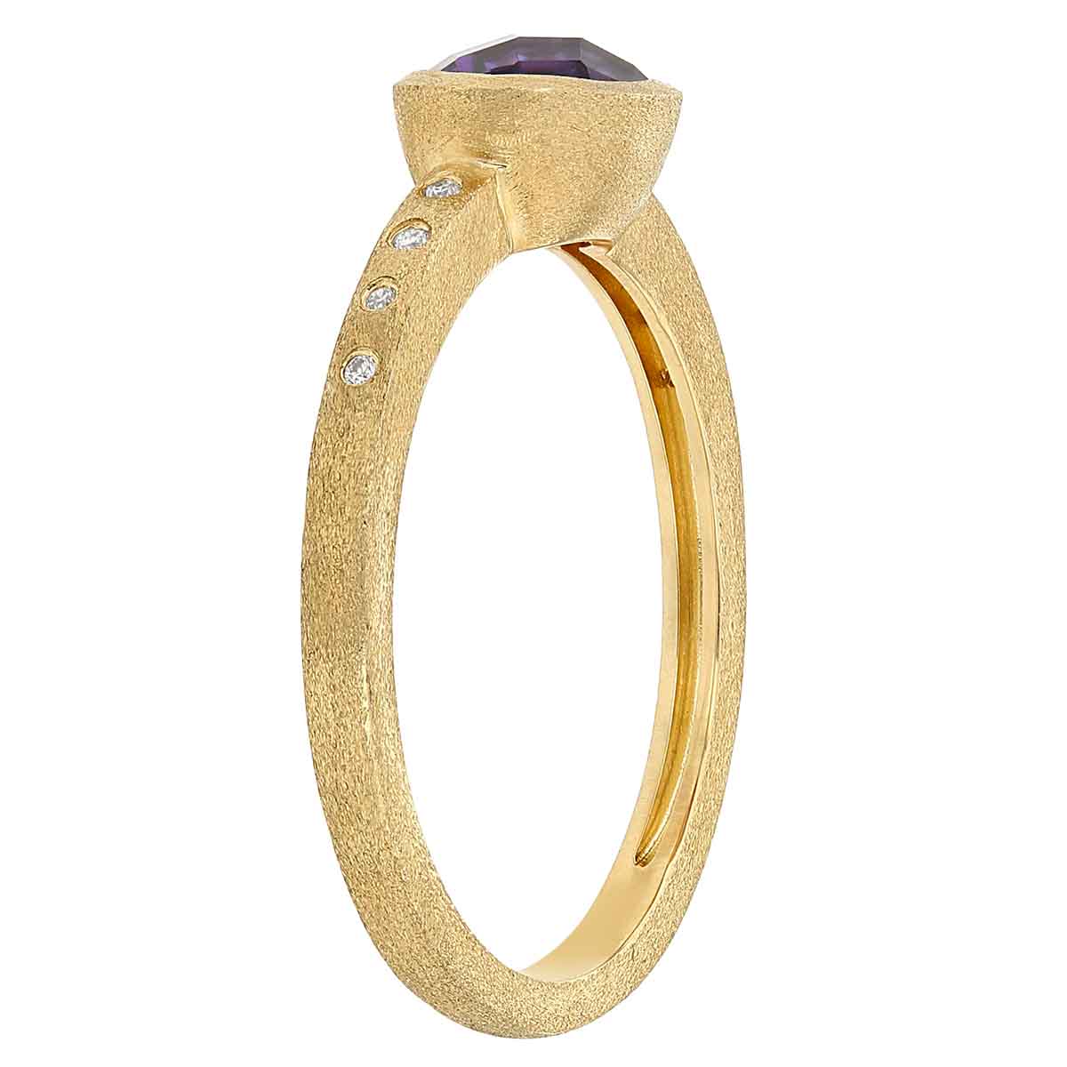 Oval Amethyst Bezel Set Ring in Satin Yellow Gold with Diamond Sides