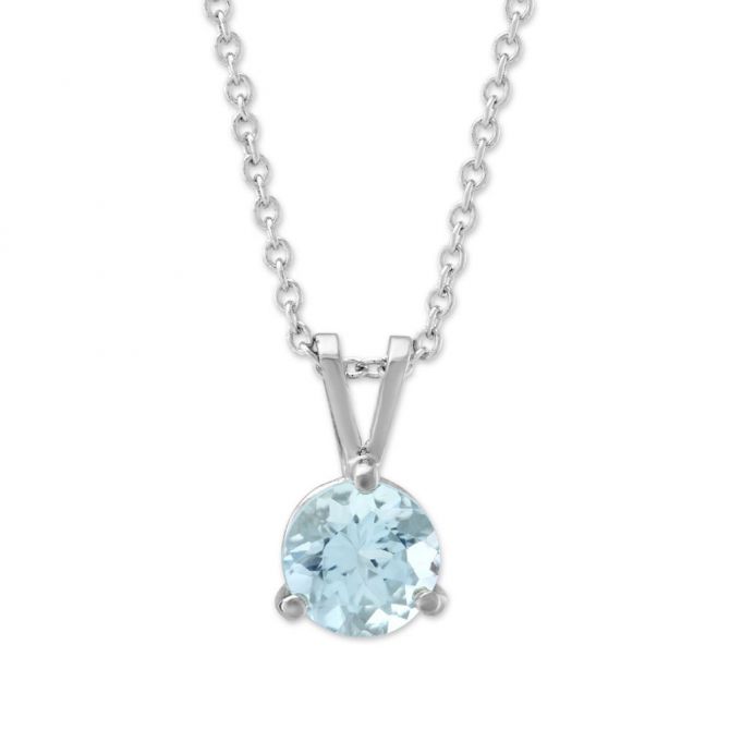 Round Aquamarine Solitaire Pendant in White Gold, 18"