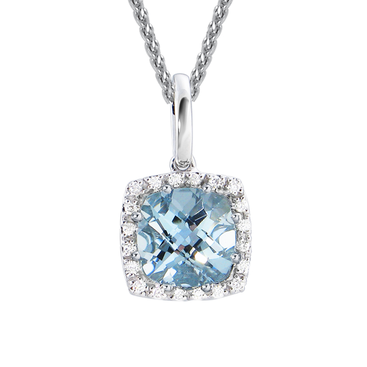 Checkerboard Cushion Aquamarine & Diamond Frame Pendant in White Gold, 18