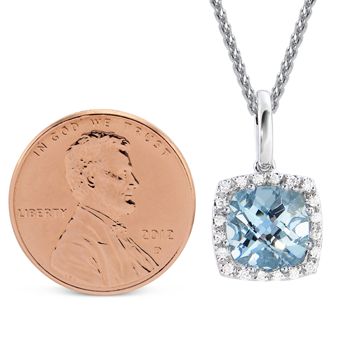 Checkerboard Cushion Aquamarine & Diamond Frame Pendant in White Gold, 18