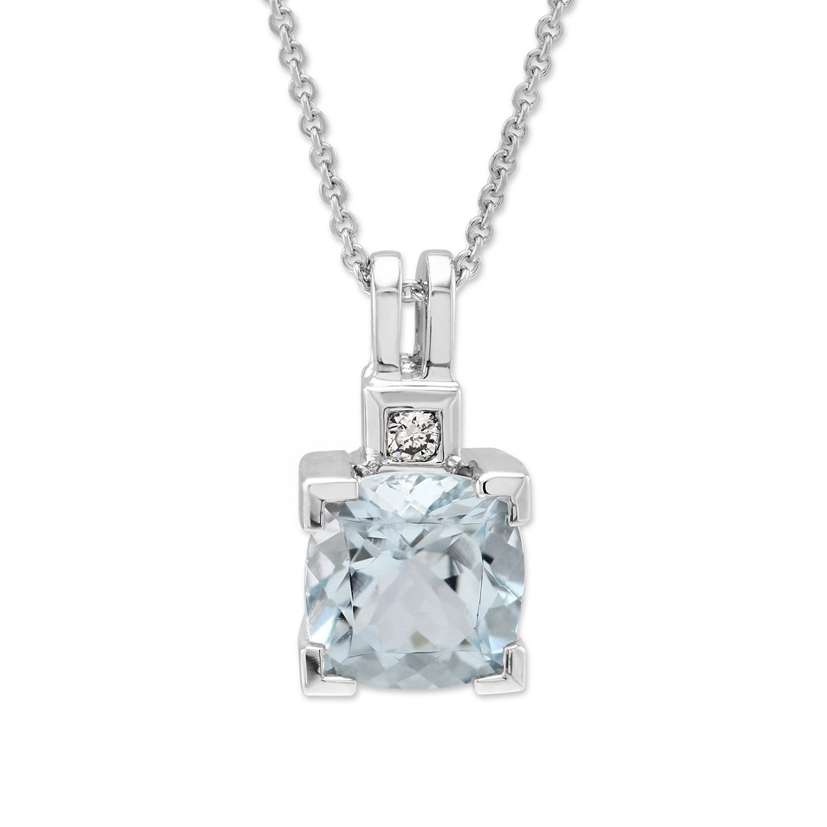 Cushion Aquamarine & Diamond Pendant in White Gold, 18