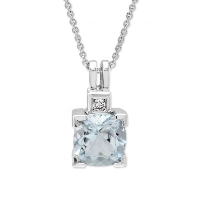 Cushion Aquamarine & Diamond Pendant in White Gold, 18"