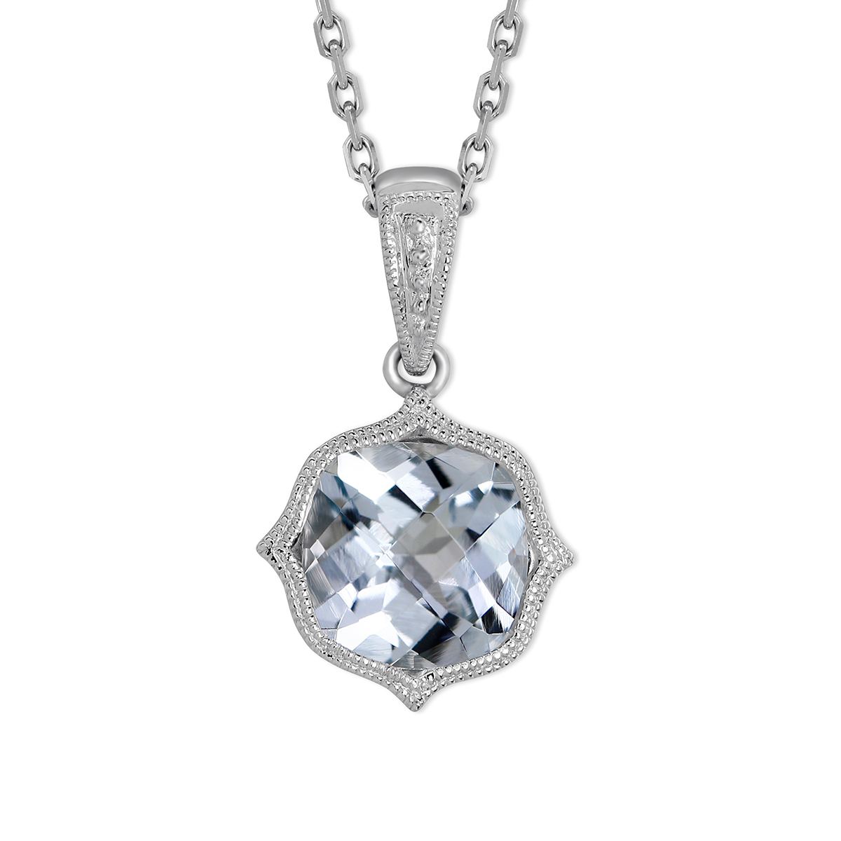 Cushion Checkerboard Aquamarine With Milgrain Bezel Pendant in White Gold, 18