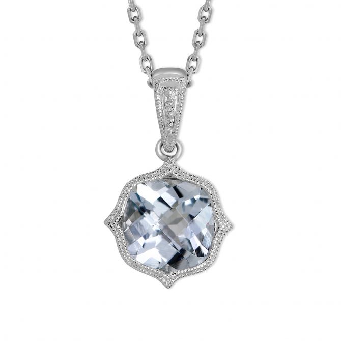 Cushion Checkerboard Aquamarine With Milgrain Bezel Pendant in White Gold, 18"