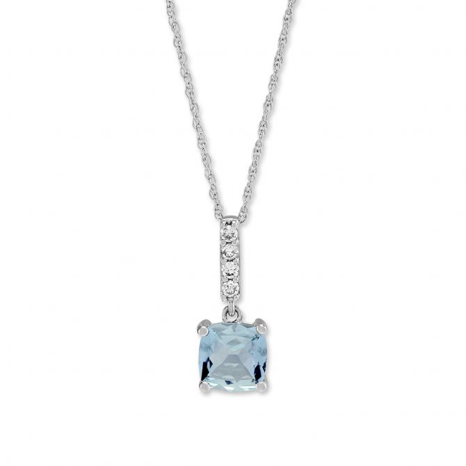 Cushion Aquamarine & Diamond Pendant in White Gold, 18"