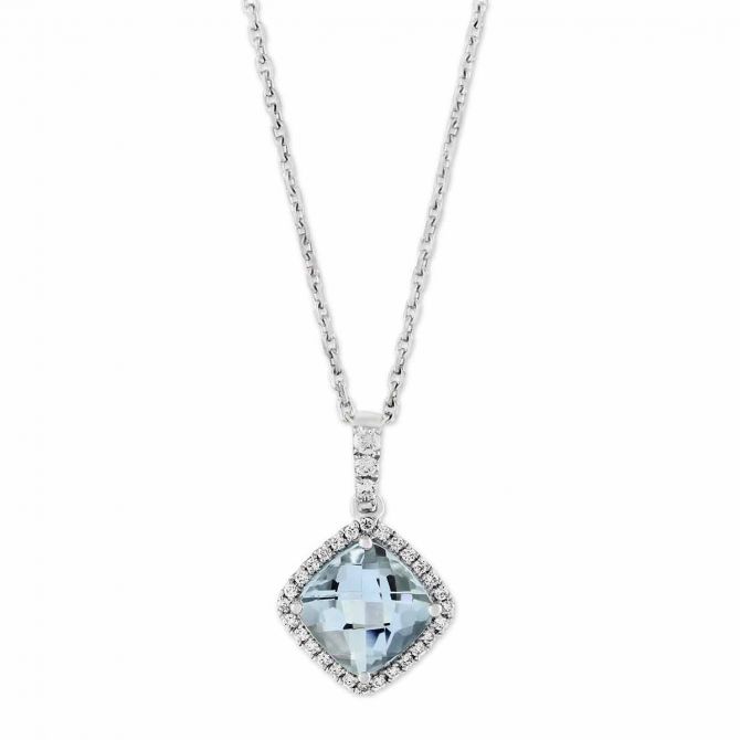 Checkerboard Aquamarine & Diamond Halo Pendant in White Gold, 18"
