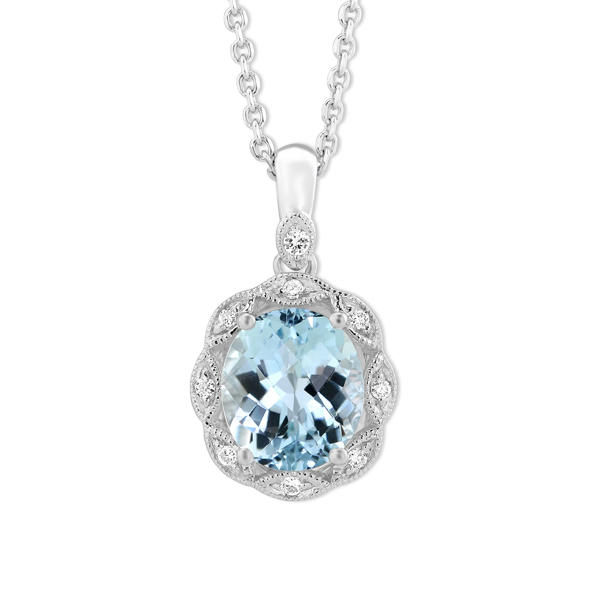 Cushion Aquamarine & Diamond Halo Pendant in White Gold, 18