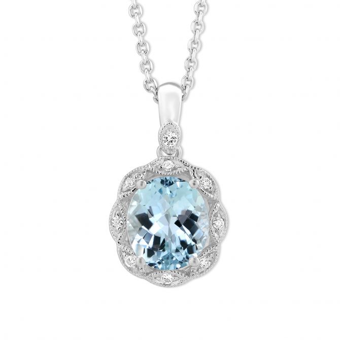 Cushion Aquamarine & Diamond Halo Pendant in White Gold, 18"