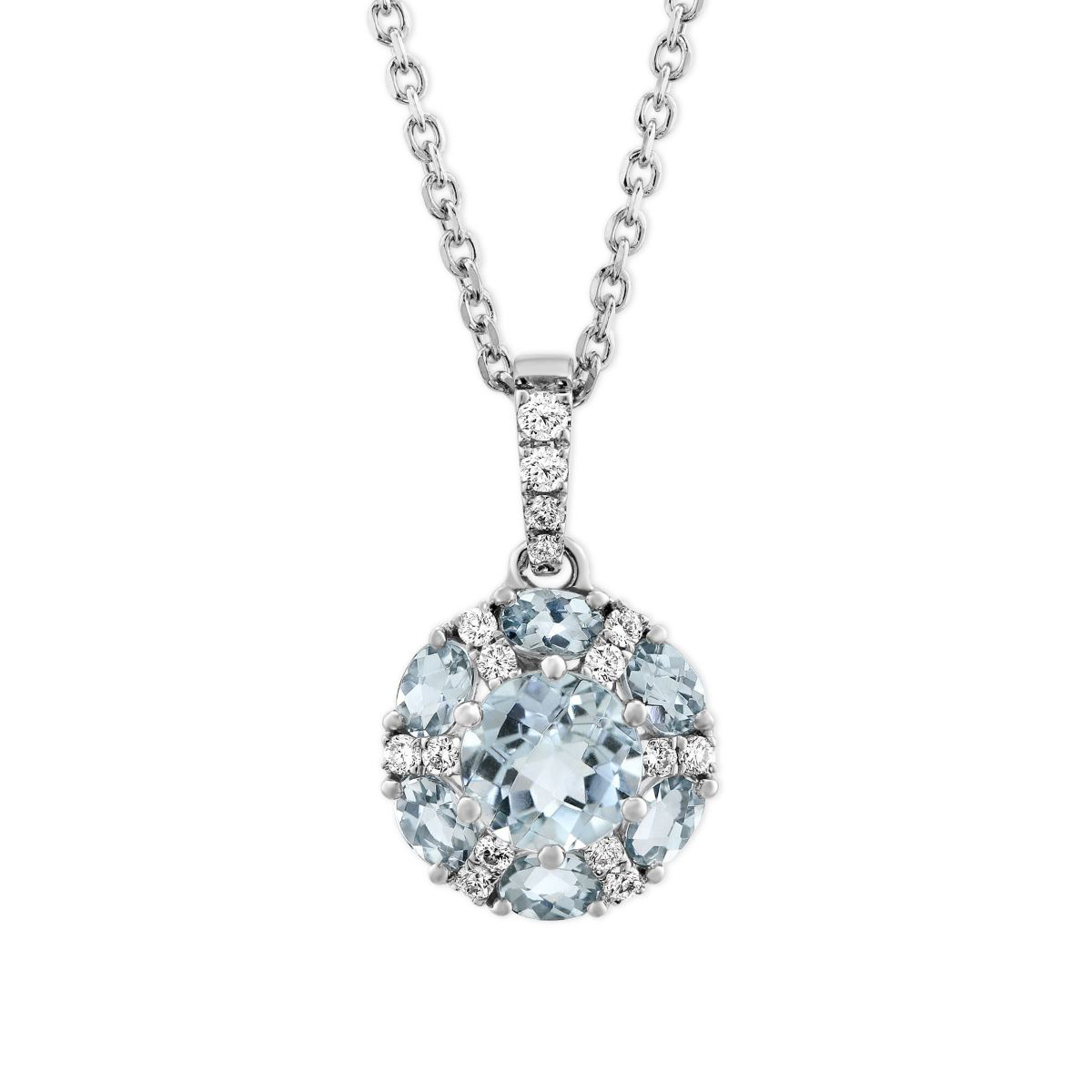 Round/Oval Aquamarine & Diamond Circle Pendant in White Gold, 18