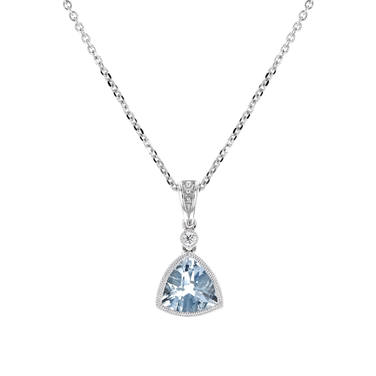 Checkerboard Trillion Aquamarine & Diamond Milgrain Pendant in White Gold, 18