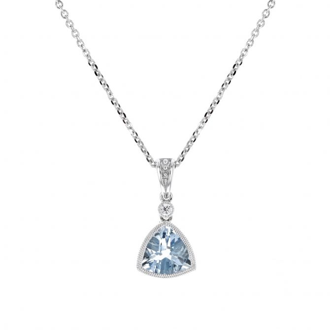 Checkerboard Trillion Aquamarine & Diamond Milgrain Pendant in White Gold, 18"