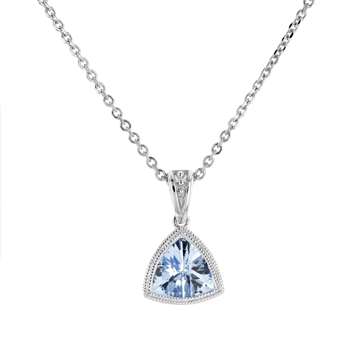 Checkerboard Trillion Aquamarine Milgrain Bezel Pendant in White Gold, 18