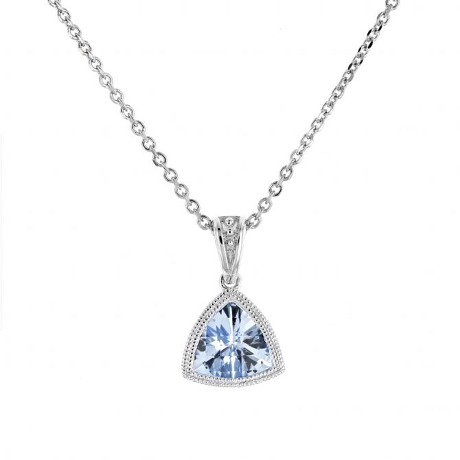 Checkerboard Trillion Aquamarine Milgrain Bezel Pendant in White Gold, 18"
