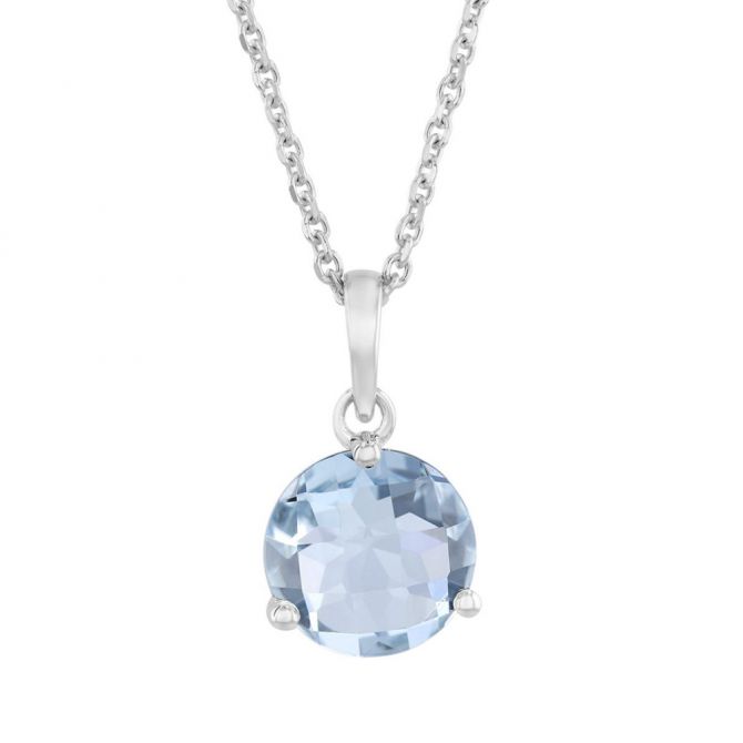 Round Checkerboard Aquamarine Pendant in White Gold, 18"